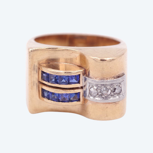 Bague Tank saphirs et diamants en or 18k, bague rétro tank, bague en or, grosse bague, bijou ancien 