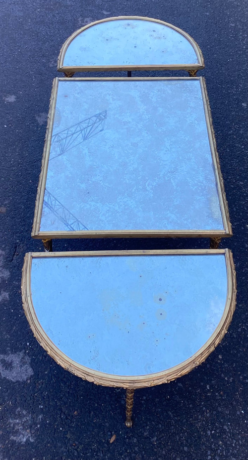 1970′ Table Tripartite Maison Charles, Jansen Ou Baguès Décor Palmier Bronze Doré Plateaux Miroirs