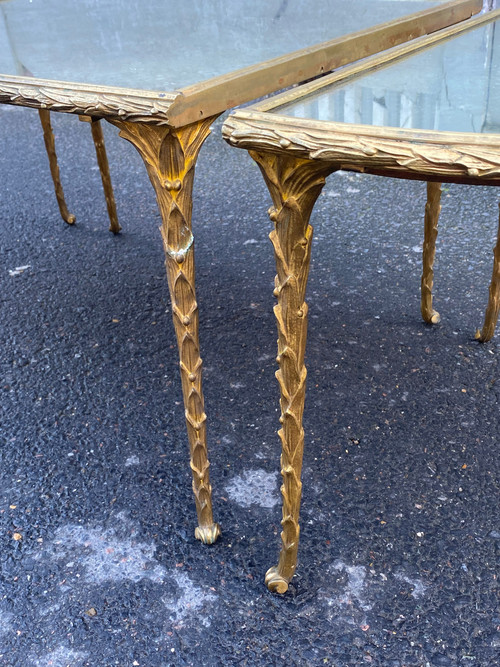 1970′ Table Tripartite Maison Charles, Jansen Ou Baguès Décor Palmier Bronze Doré Plateaux Miroirs