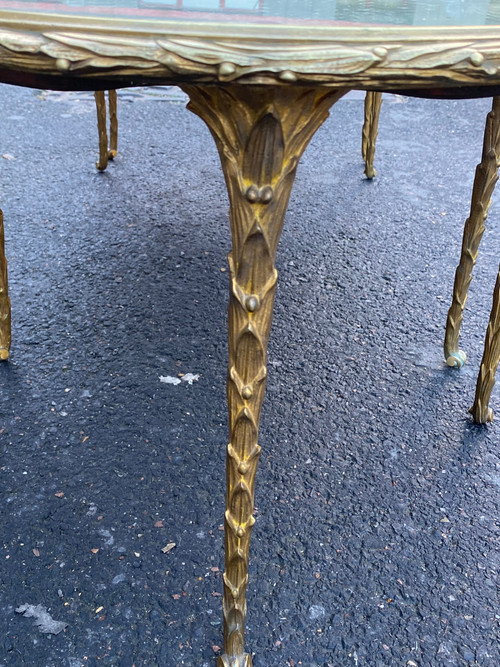 1970′ Table Tripartite Maison Charles, Jansen Ou Baguès Décor Palmier Bronze Doré Plateaux Miroirs