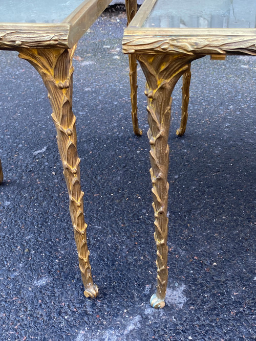 1970′ Table Tripartite Maison Charles, Jansen Ou Baguès Décor Palmier Bronze Doré Plateaux Miroirs