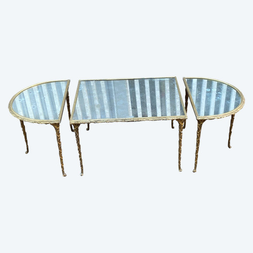 1970′ Table Tripartite Maison Charles, Jansen Ou Baguès Décor Palmier Bronze Doré Plateaux Miroirs