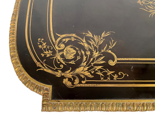 Table à jeux en bois noirci et placage d’ébène marqueté de laiton, époque Napoléon III