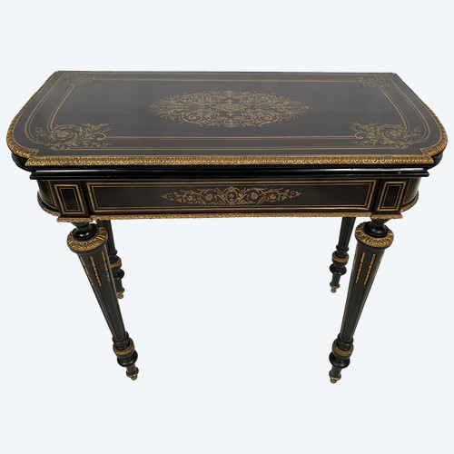 Table à jeux en bois noirci et placage d’ébène marqueté de laiton, époque Napoléon III