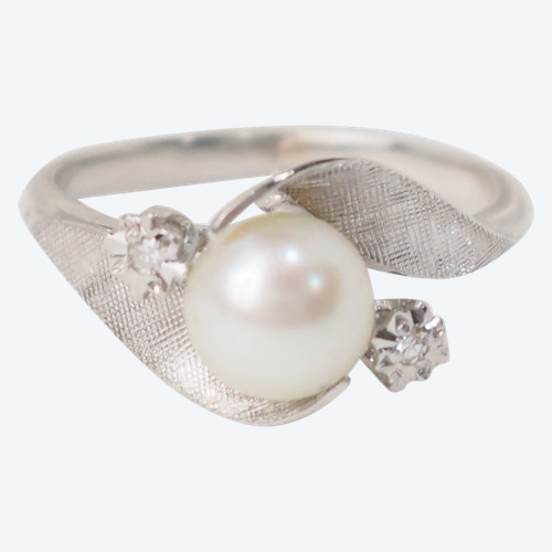 Anello In Oro Bianco, Perla Coltivata E Diamanti 