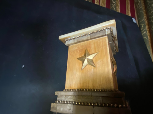 Ornamental desk pedestal base in various marbles pearl threads and bronze star & wood