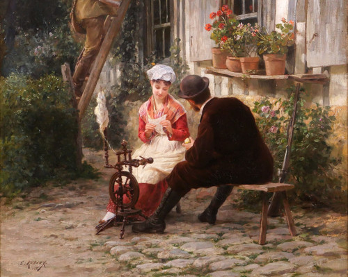 Edmond RUDAUX 1840-1908 Woman in the garden, returning from hunting, painting, 1882, impressionism