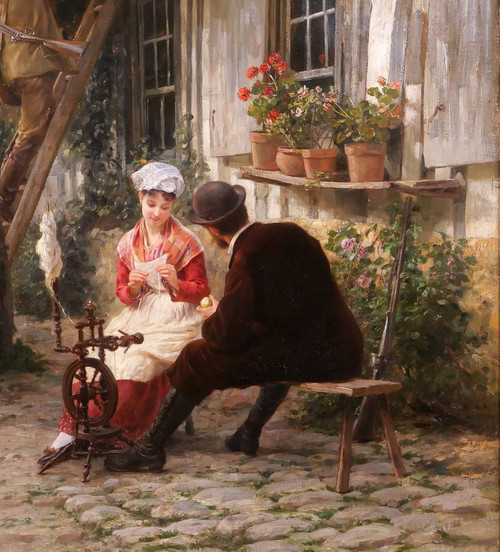 Edmond RUDAUX 1840-1908 Woman in the garden, returning from hunting, painting, 1882, impressionism