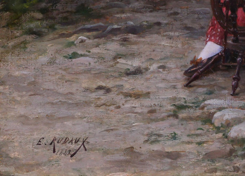 Edmond RUDAUX 1840-1908 Woman in the garden, returning from hunting, painting, 1882, impressionism
