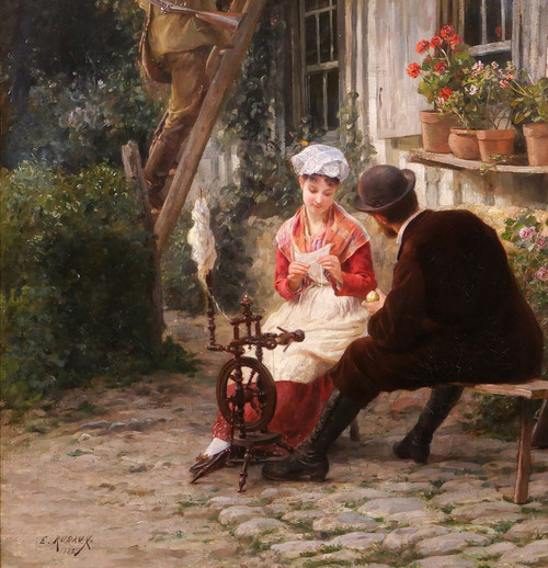 Edmond RUDAUX 1840-1908 Woman in the garden, returning from hunting, painting, 1882, impressionism