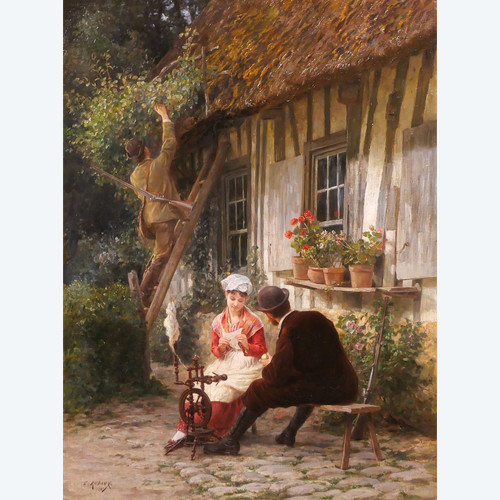 Edmond RUDAUX 1840-1908 Woman in the garden, returning from hunting, painting, 1882, impressionism