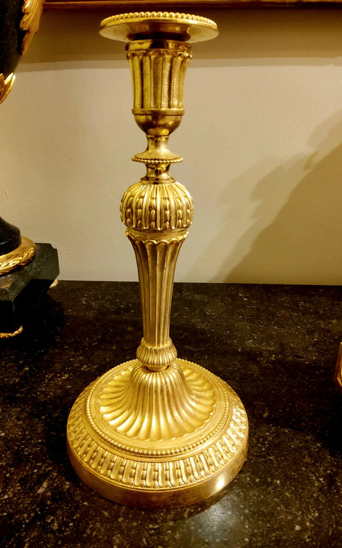 Louis XVI Style Pendulum Clock and Pair of Candlesticks in Chiseled Gilded Bronzes Susse Fd