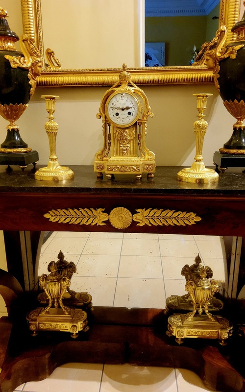 Louis XVI Style Pendulum Clock and Pair of Candlesticks in Chiseled Gilded Bronzes Susse Fd