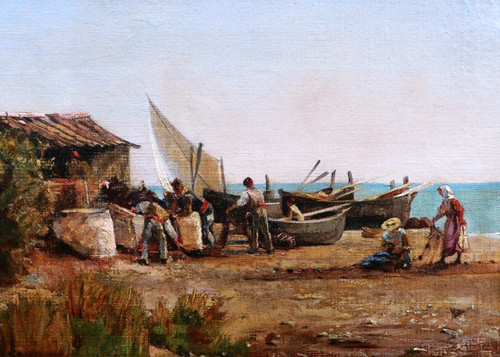 Scuola FRANCESE del XIX secolo, pescatori napoletani sulla riva