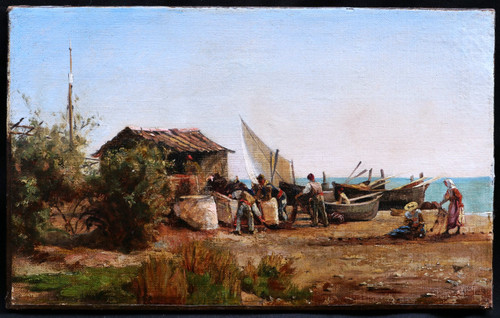 Scuola FRANCESE del XIX secolo, pescatori napoletani sulla riva