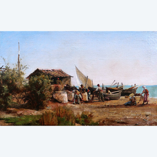 Scuola FRANCESE del XIX secolo, pescatori napoletani sulla riva