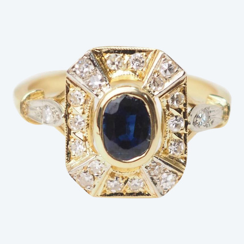 Bague vintage en or jaune, saphir et diamants ovale