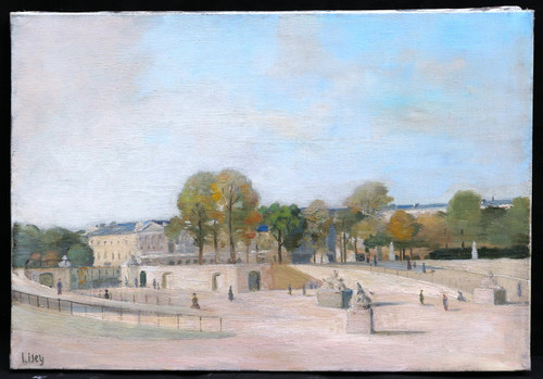 Scuola FRANCESE intorno al 1930, Veduta animata dei Giardini delle Tuileries al livello di Fer à Cheval