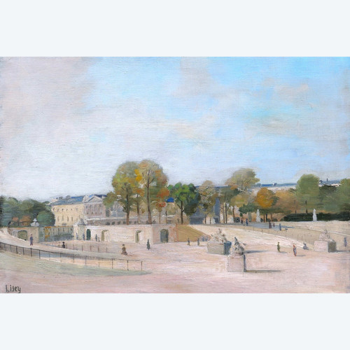 Scuola FRANCESE intorno al 1930, Veduta animata dei Giardini delle Tuileries al livello di Fer à Cheval