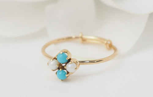 Anello In Oro Giallo, Perla Coltivata E Turchese 