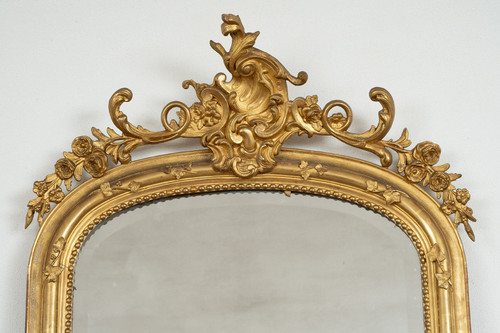 Miroir Ancien Napoléon III En Bois Doré Et Sculpté. France 19ème Siècle.