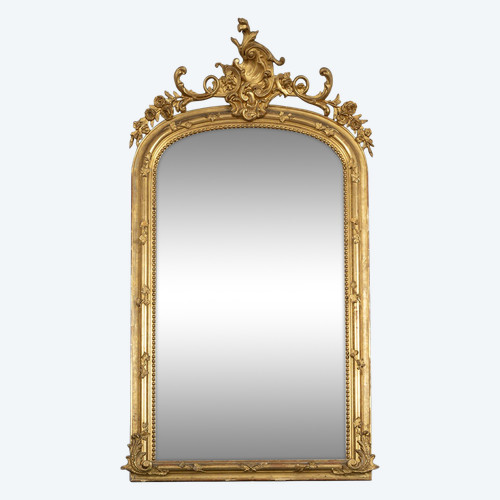 Miroir Ancien Napoléon III En Bois Doré Et Sculpté. France 19ème Siècle.