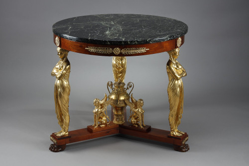 LARGE EMPIRE STYLE PEDESTAL TABLE IN MAHOGANY AND MAHOGANY VENEER