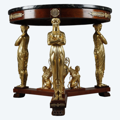 LARGE EMPIRE STYLE PEDESTAL TABLE IN MAHOGANY AND MAHOGANY VENEER
