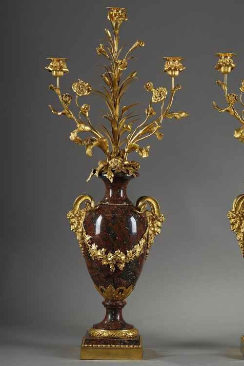 PAIR OF LOUIS XVI STYLE CANDELABRA IN GRIOTTE RED MARBLE AND GILT BRONZE
