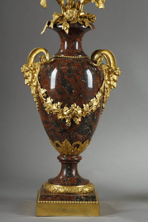 PAIR OF LOUIS XVI STYLE CANDELABRA IN GRIOTTE RED MARBLE AND GILT BRONZE