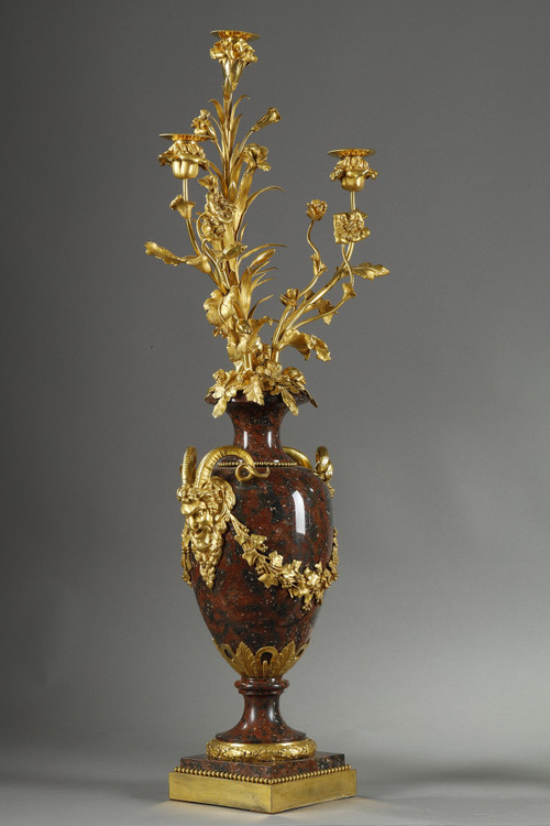 PAIR OF LOUIS XVI STYLE CANDELABRA IN GRIOTTE RED MARBLE AND GILT BRONZE