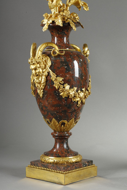 PAIR OF LOUIS XVI STYLE CANDELABRA IN GRIOTTE RED MARBLE AND GILT BRONZE