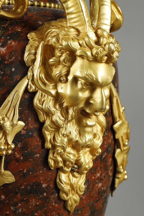 PAIR OF LOUIS XVI STYLE CANDELABRA IN GRIOTTE RED MARBLE AND GILT BRONZE