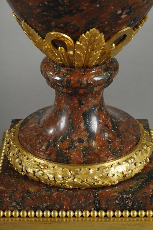 PAIR OF LOUIS XVI STYLE CANDELABRA IN GRIOTTE RED MARBLE AND GILT BRONZE