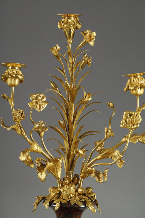 PAIR OF LOUIS XVI STYLE CANDELABRA IN GRIOTTE RED MARBLE AND GILT BRONZE