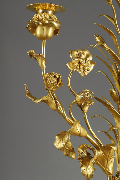 PAIR OF LOUIS XVI STYLE CANDELABRA IN GRIOTTE RED MARBLE AND GILT BRONZE