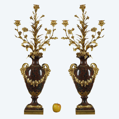 PAIR OF LOUIS XVI STYLE CANDELABRA IN GRIOTTE RED MARBLE AND GILT BRONZE