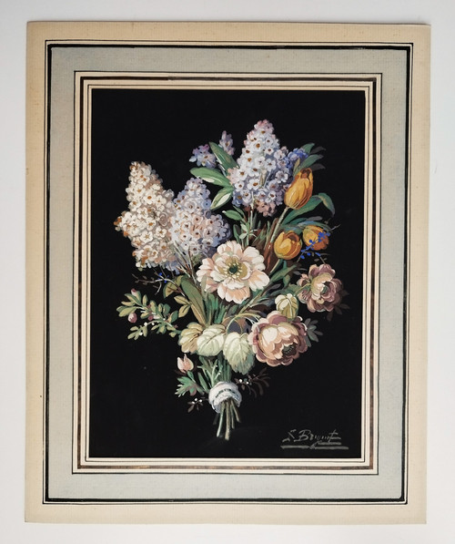 Nature Morte Fleurs Fond Noir Gouache Signé