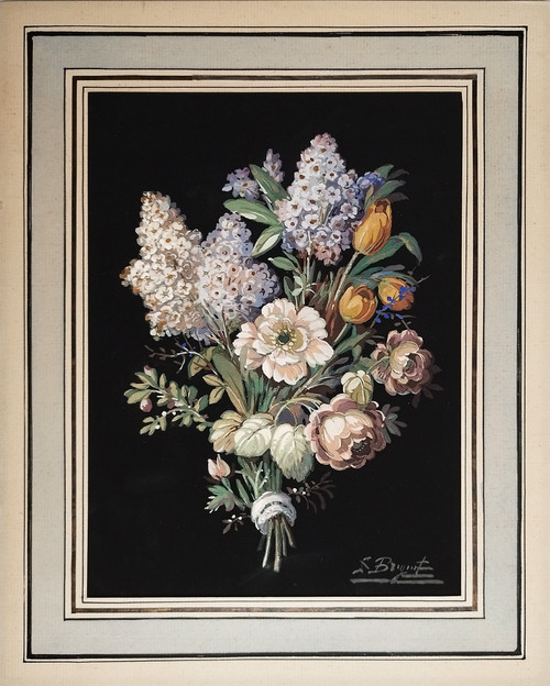Nature Morte Fleurs Fond Noir Gouache Signé