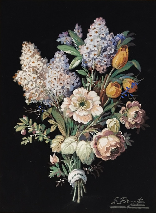Nature Morte Fleurs Fond Noir Gouache Signé