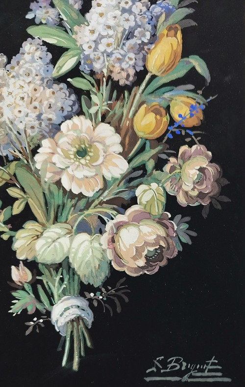 Nature Morte Fleurs Fond Noir Gouache Signé