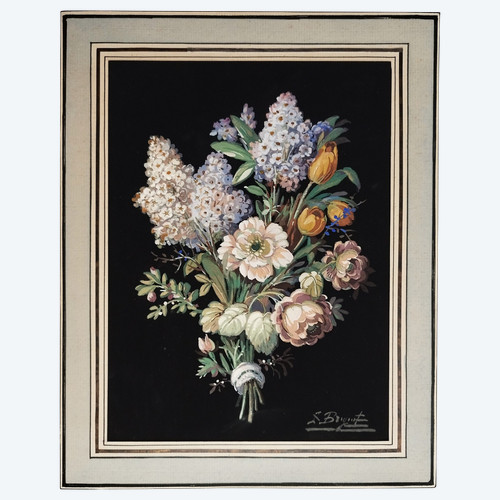 Nature Morte Fleurs Fond Noir Gouache Signé