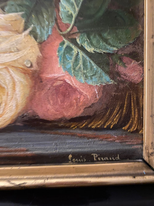 Louis Piraud. Stillleben mit Trauben und Rosen. Öl auf gerahmtem Karton. 19. Jahrhundert