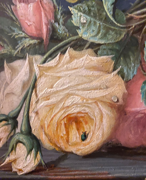 Louis Piraud. Stillleben mit Trauben und Rosen. Öl auf gerahmtem Karton. 19. Jahrhundert