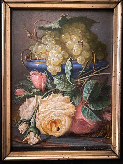 Louis Piraud. Stillleben mit Trauben und Rosen. Öl auf gerahmtem Karton. 19. Jahrhundert