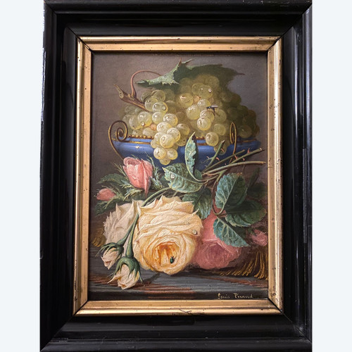 Louis Piraud. Stillleben mit Trauben und Rosen. Öl auf gerahmtem Karton. 19. Jahrhundert