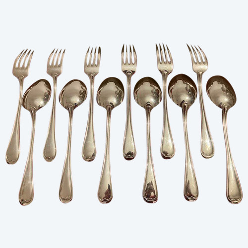 Série de 6 grands couverts de table Filet-Goutte d'époque début XXème, orfèvre DIXI