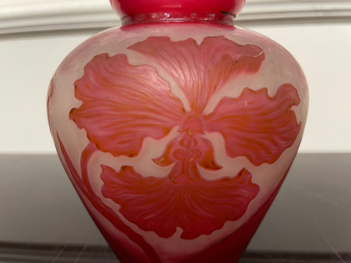 Delatte à Nancy - Petit Vase Art Nouveau En Verre Décor Orchidée 
