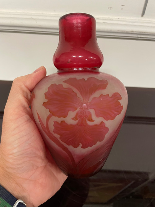 Delatte à Nancy - Petit Vase Art Nouveau En Verre Décor Orchidée 