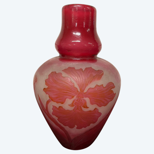 Delatte à Nancy - Petit Vase Art Nouveau En Verre Décor Orchidée 